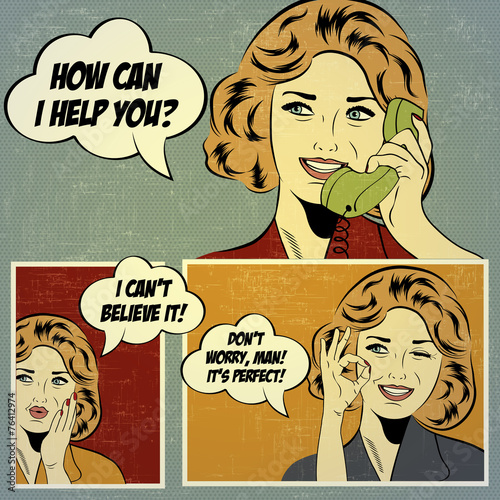 Illustrations for comic books with retro woman in pop art style