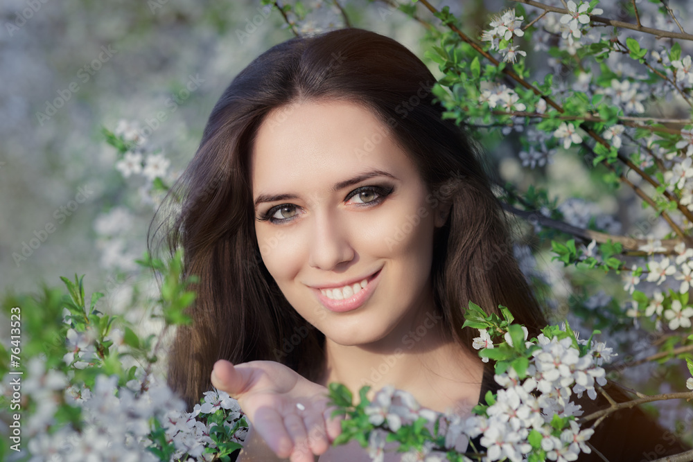 Woman with Allergy Holding Anti Allergic Pills in Spring Decor Woman with Allergy Holding Anti Allergic Pills in Spring Decor