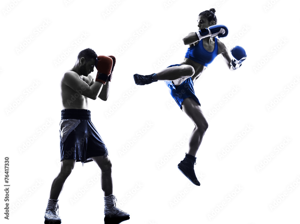 woman boxer boxing man kickboxing silhouette isolated - obrazy, fototapety, plakaty 