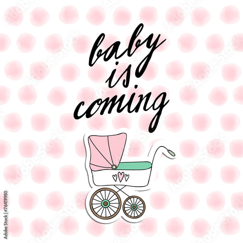 Baby shower, birthday card, baby carriage, watercolor dots