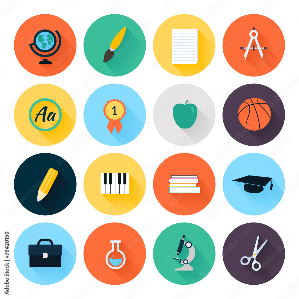 Set of colorful flat school and education icons with shadow