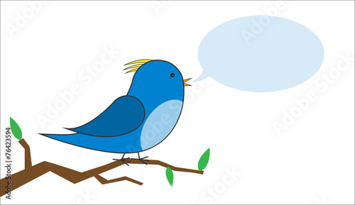 blue and yellow bird on a branch with a speech bubble vector photo