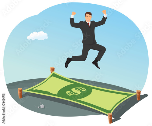 Businessman is bouncing on a dollar bill as a trampoline