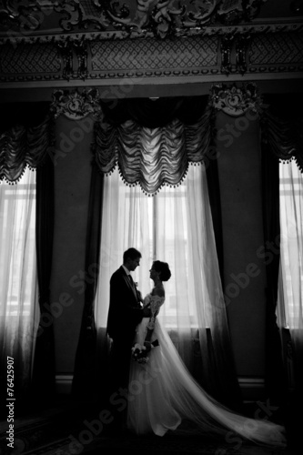 silhouette of beautiful newlyweds in luxury interior