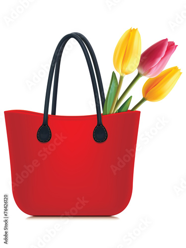 Tulips in shopping bag isolated. Vector illustration