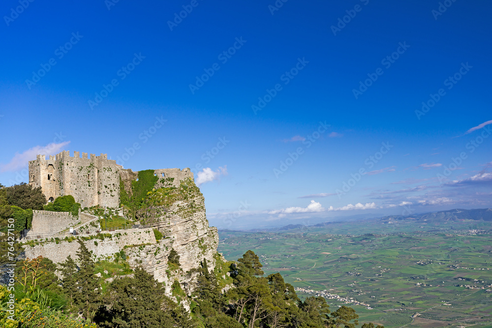 panoramic view of ancient fortresses of Erice town Sicily Italy