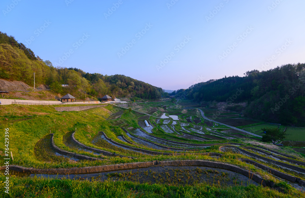 Yokone rice paddies at dusk in Iida city, Nagano, Japan