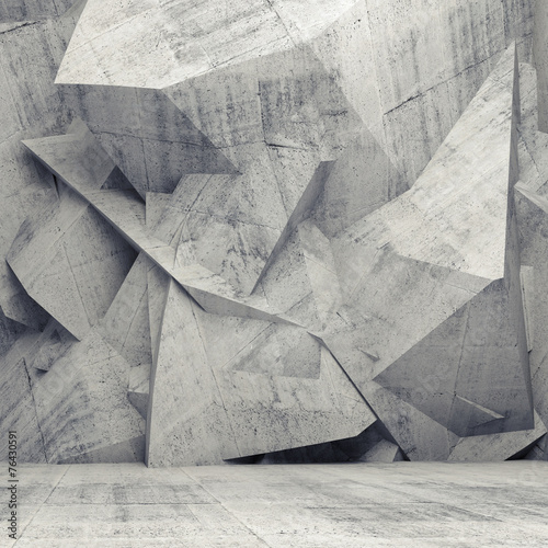 Empty gray concrete 3d interior with chaotic polygonal wall