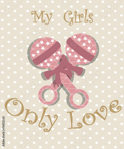 objects for babies illustration, pink rattles over dots  backgro