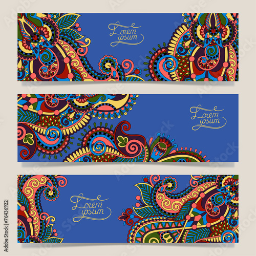 three horizontal banners with decorative ornamental flowers,
