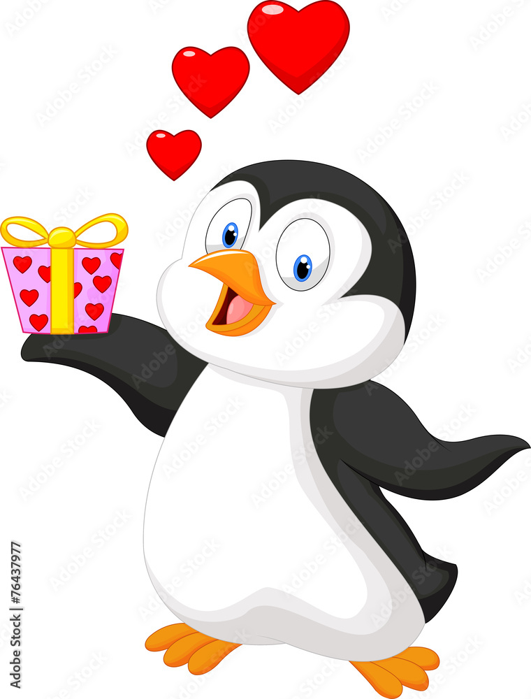 Obraz premium Cartoon penguin holding gift