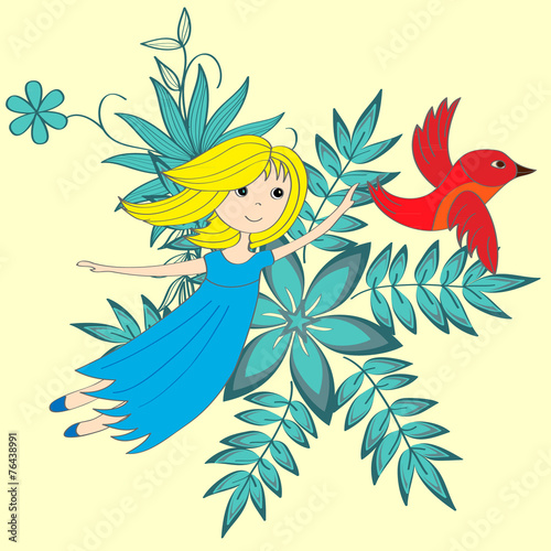 Flying little girl and magical red bird photo