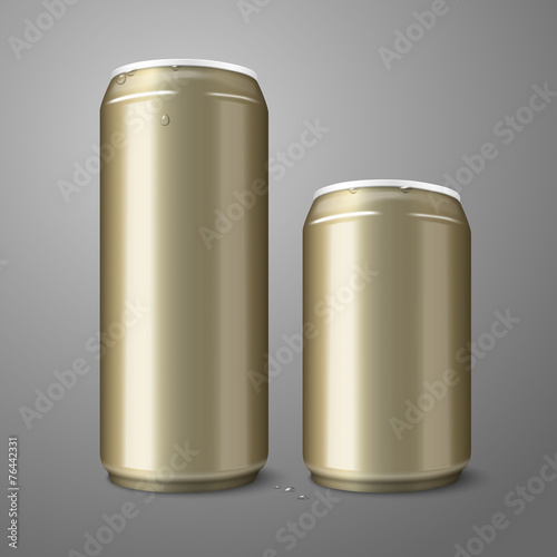 Two blank golden beer cans isolated on gray background