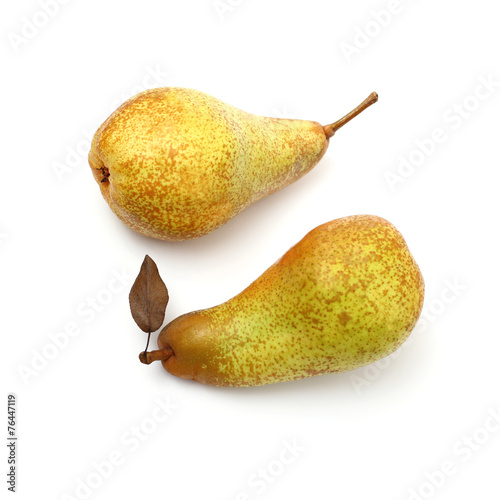Two Abate Fetel pear with leaf, top view