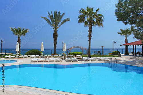 Swimming pool area near Mediterranean Sea in Antalya  Turkey