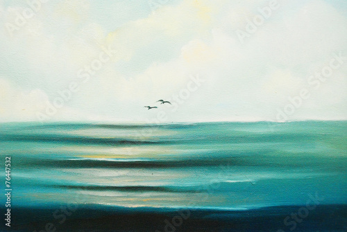 Beautiful blue ocean and a couple of flying birds. Oil painting
