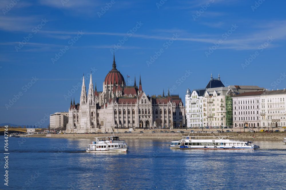 Budapest with parliament against Danube river in Hungary
