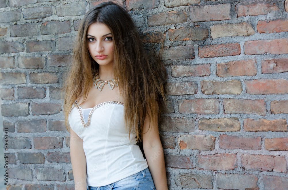 Long hair lady against brick wall Long hair lady against brick wall