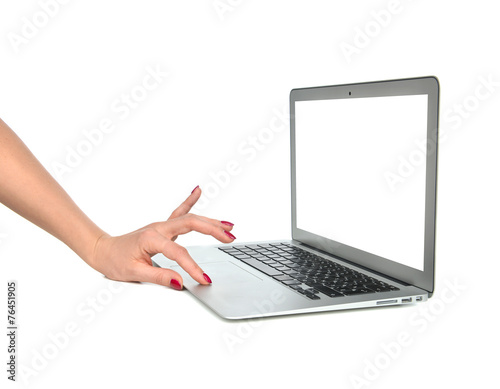 Hands typing on keyboard computer laptop with blank white space