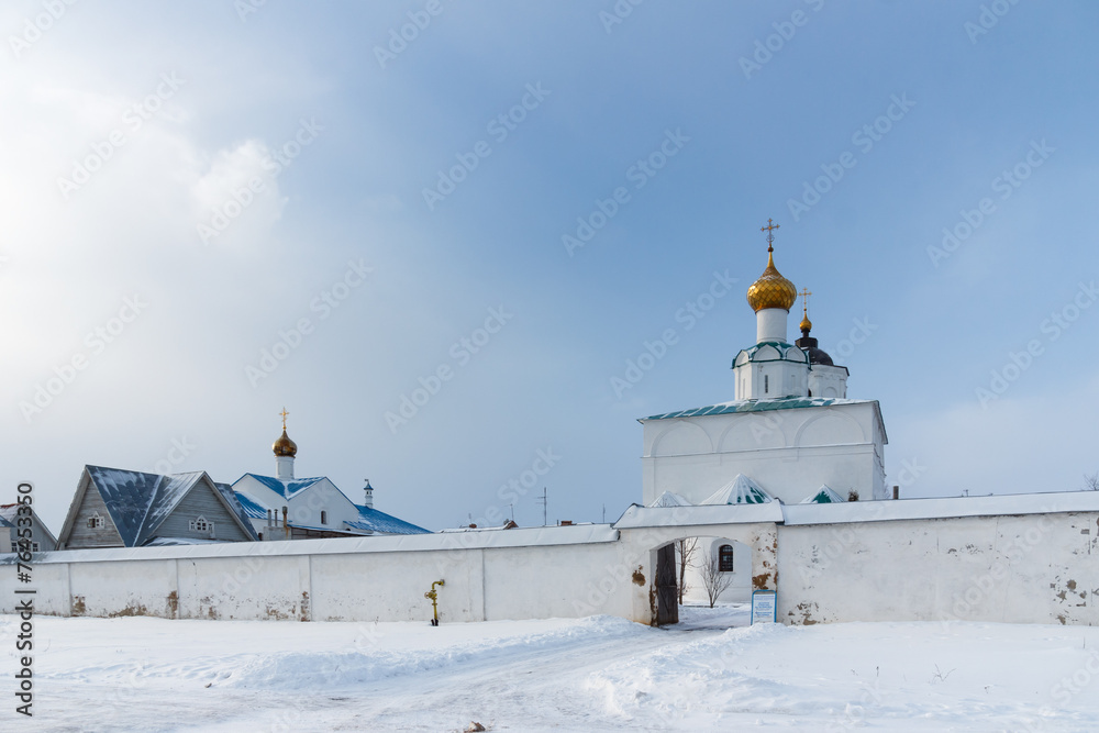 Winter landscape of frosty day in russian town Suzda