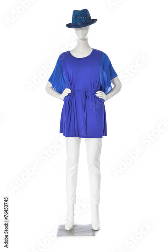  female blue clothing in blue hat on mannequin-white background