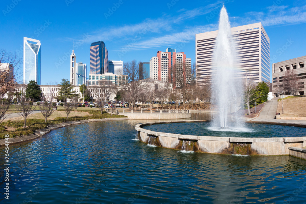 Fototapeta premium View on uptown Charlotte, NC from Marshall Park
