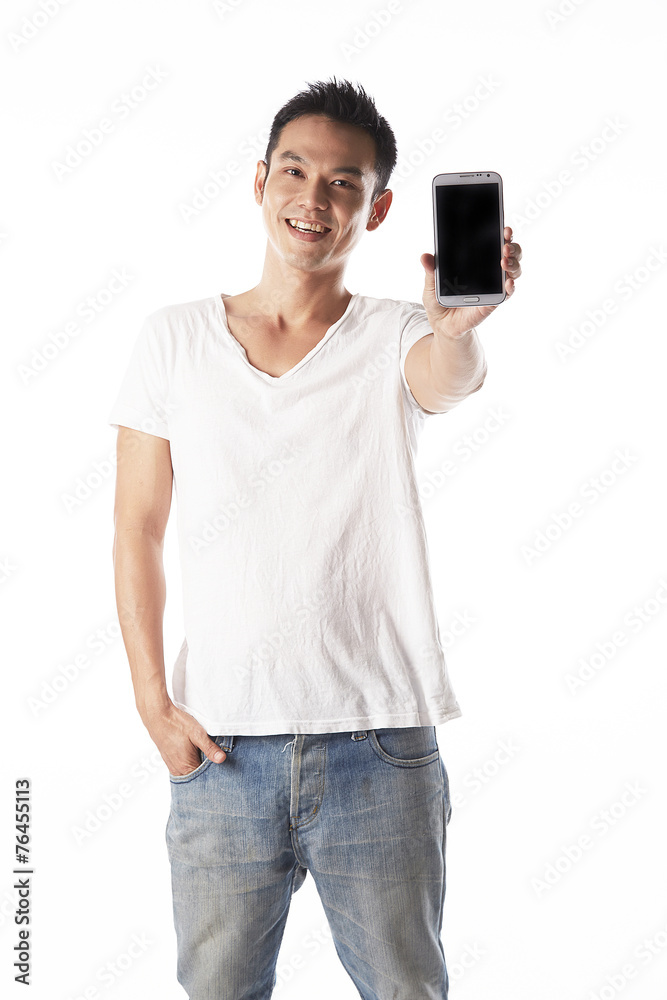 asian man showing mobile phone,left hand asian man showing mobile phone,left hand