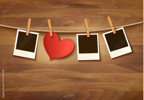 Background with two hearts and two photos. Valentine's day vecto