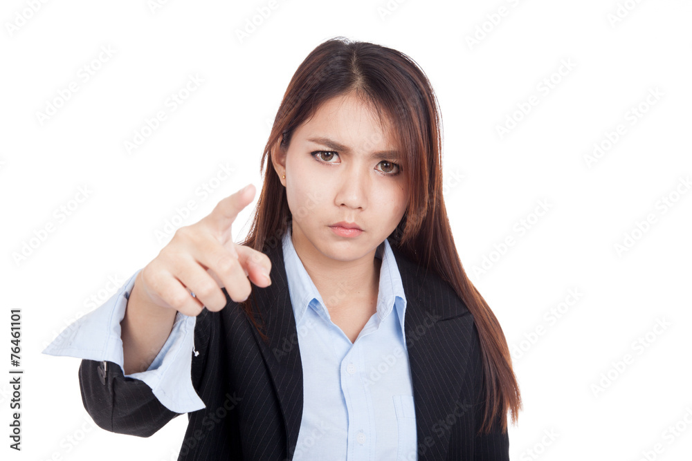 Young Asian businesswoman very angry point to camera Young Asian businesswoman very angry point to camera