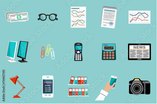 Flat vector set of office things, equipment, objects.