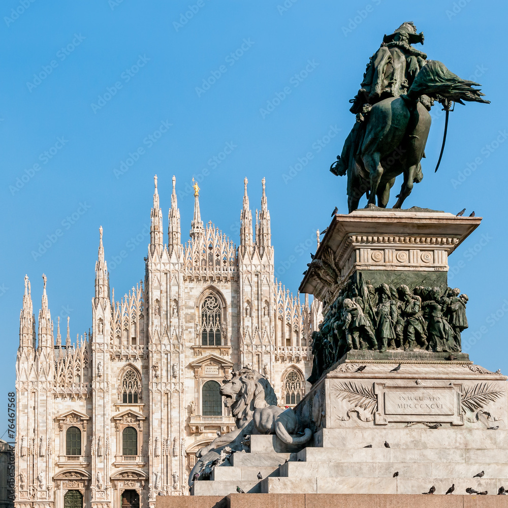 Milan Cathedral Dome facade with statue of Vittorio Emanuele II