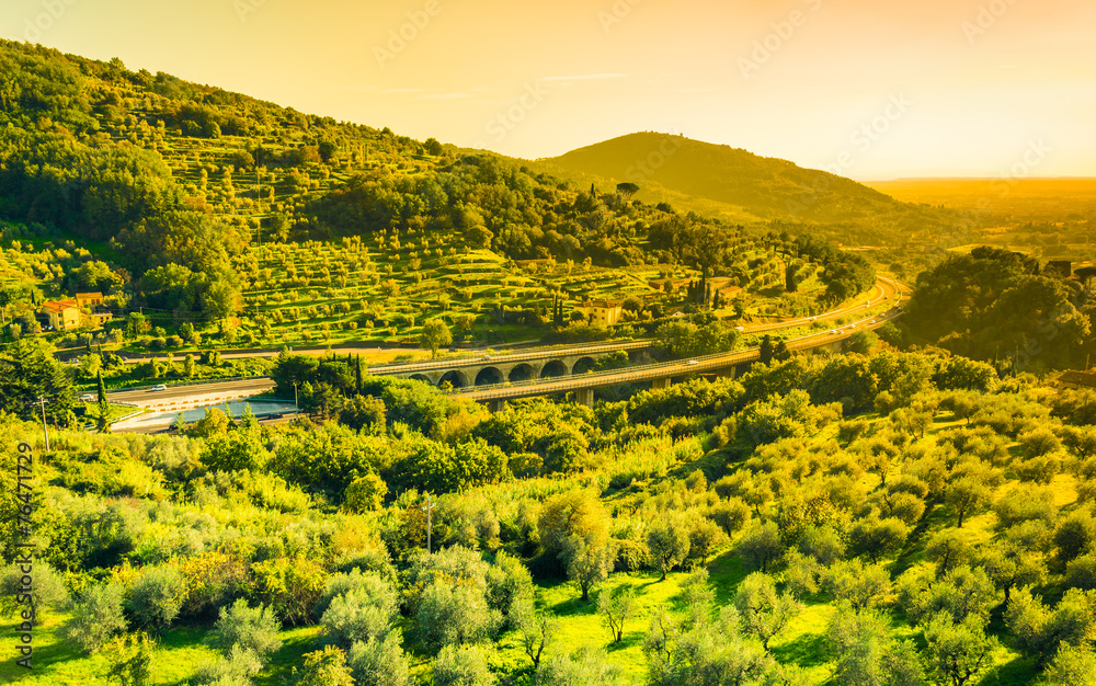 Tuscany panoramic landscape. Tuscany beautiful motorway, Italy.