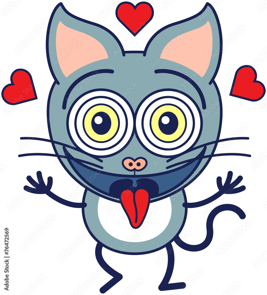 Excited cat showing red hearts and feeling crazy in love