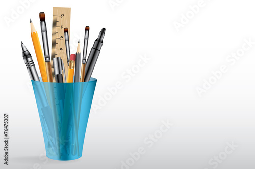 Artistic tools in plastic cup, vector background