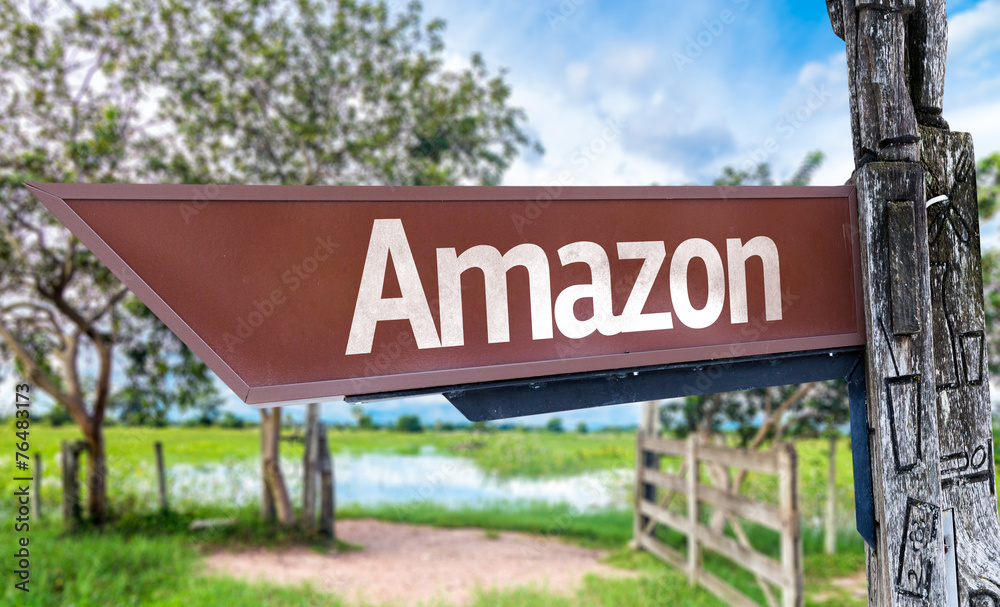 Amazon wooden sign with rural background