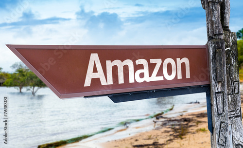 Amazon wooden sign with a lake background