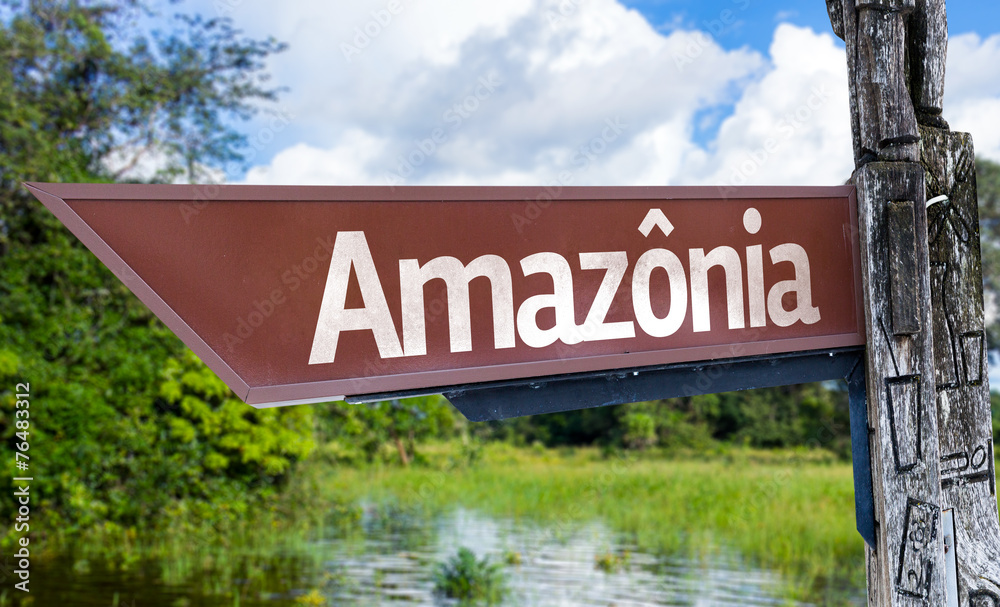 Amazonia wooden sign with a forest background Amazonia wooden sign with a forest background