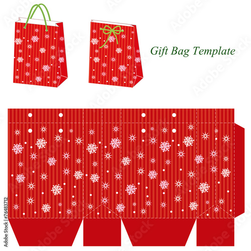 Red gift bag template with sparkles and snowflakes
