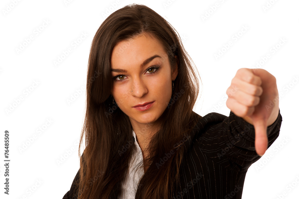 angry business woman showing thumb down isolated over white back angry business woman showing thumb down isolated over white back