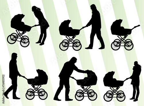 Mother with baby pram vector background set