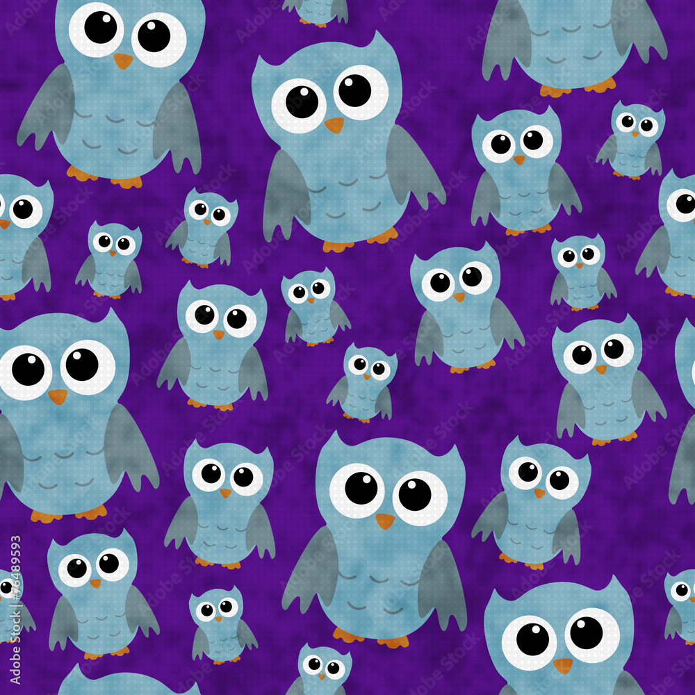 Fototapeta premium Blue Owls on Purple Textured Fabric Repeat Pattern Background
