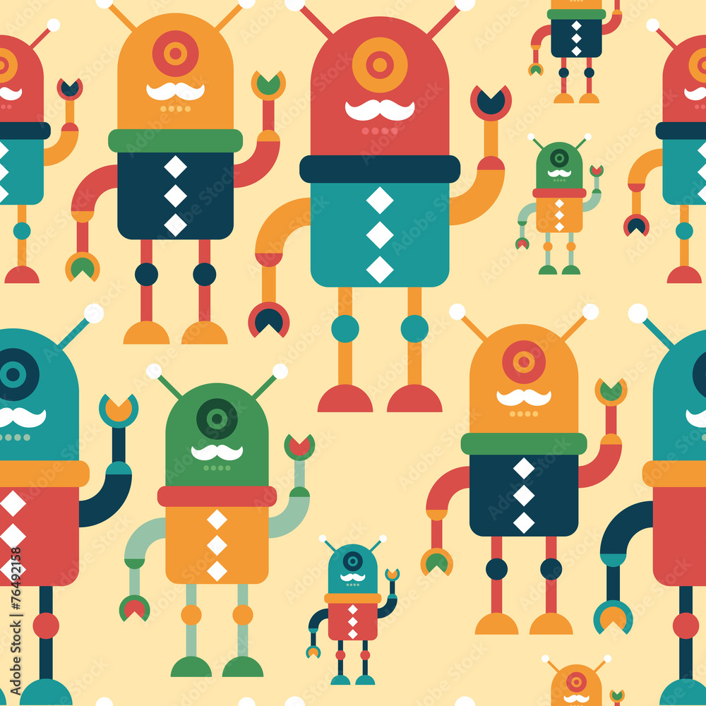 Fototapeta premium Colorful seamless pattern with happy hipster robots.