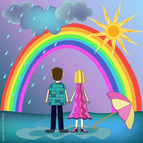 girl, boy , rainbow illustration