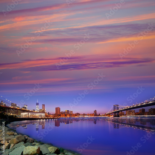 Brooklyn Bridge and Manhattan bridges sunset NY