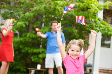 Summer: Girl In Front Yard with American Flags