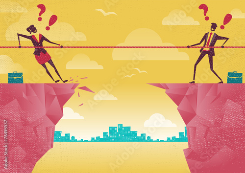 Businessman and Businesswoman in Tug of War on Clifftop.