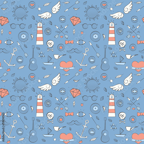 Sea doodle seamless hipster pattern over blue