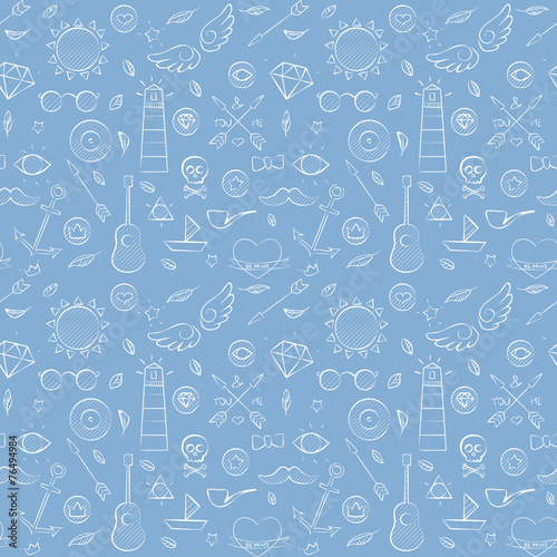 Sea hand drawn hipster seamless pattern over blue