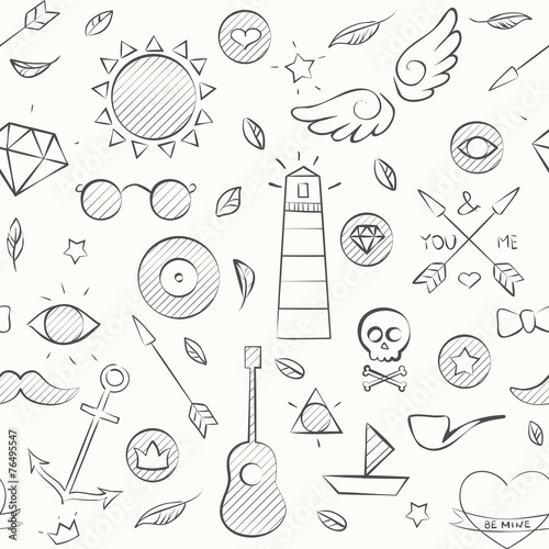 Hand drawn hipster seamless pattern over white