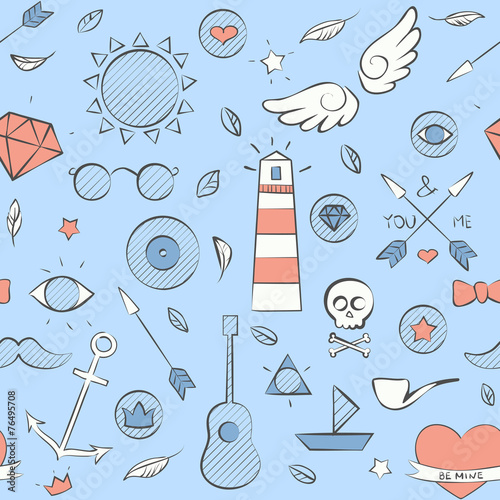 Sea doodle seamless hipster pattern over light blue